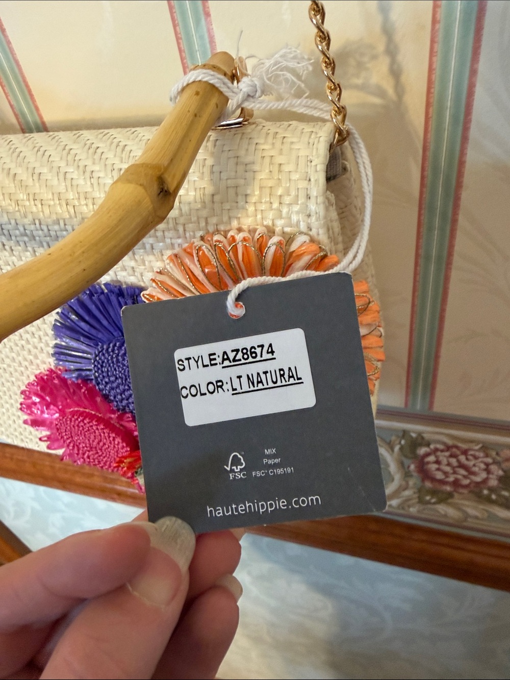 Haute Hippie Straw Crossbody with Bamboo Handle and Multicolor Pom-Poms - Picture 6 of 10